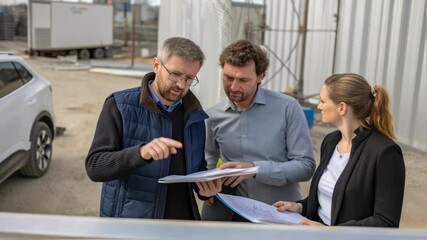 Aufkleber - A medium closeup of a team discussing plans near a hydrogen construction vehicle with notepads and sketches in hand suggesting advancements in sustainable construction ods.