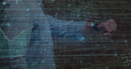 Poster - businessman extending arm interacting with holographic finance chart with binary code  and  percenta