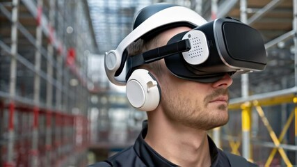 Aufkleber - A medium closeup of a virtual reality headset being worn by a user fully immersed in a 4D construction simulation with digital scaffolding and equipment surrounding them in an