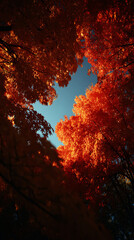 Wall Mural - Vibrant autumn foliage canopy with red and orange leaves, capturing the beauty of fall.