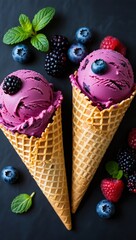 Poster - Two scoops of purple ice cream in waffle cones, surrounded by berries and mint leaves on a dark surface.