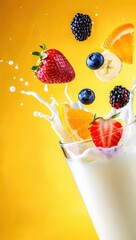 Poster - A glass of milk with various fruits floating around it, including strawberries, blueberries, raspberries, and bananas. The background is yellow.