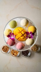 Poster - A glass bowl filled with various flavored ice cream scoops, topped with fresh fruit slices and edible flowers, set on a table.