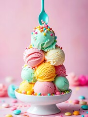 Aufkleber - A stack of colorful ice cream cones in a white bowl, topped with a blue spoon, on a pink background.