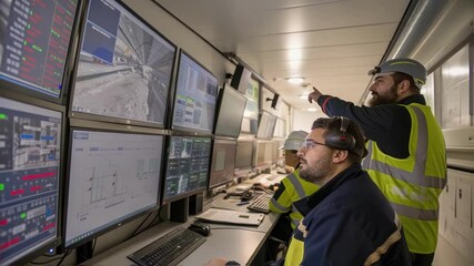 Aufkleber - A medium closeup of technicians monitoring a robotic system inside a control room with multiple screens reflecting the live feed from the tunnel boring operations displaying charts