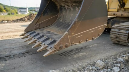 Poster - A medium closeup of the excavation machines bucket displaying the sharp tailored edges designed for precise soil removal while minimizing disruption to surrounding areas.