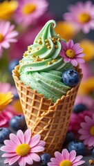 Poster - A scoop of green ice cream in a waffle cone, topped with blueberries and sprinkles, surrounded by pink flowers.