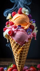 Poster - A chocolate ice cream cone filled with scoops of orange, pink, and purple ice cream, topped with whipped cream and strawberries.