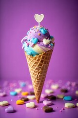 Poster - A chocolate ice cream cone with sprinkles, heart shaped lollipop on top, surrounded by candy pieces.