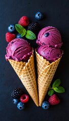 Poster - Two scoops of purple ice cream in waffle cones, surrounded by berries and mint leaves on a dark background.