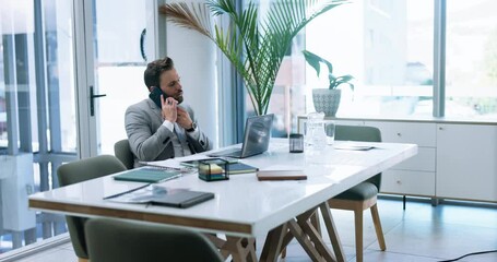 Leinwandbilder - Business, man and laptop with phone call in office for discussion, schedule update and financial report. Male person, communication and online for research, budget planning and contact of negotiation