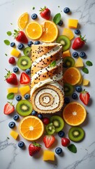 Poster - A spiral-shaped pastry topped with orange zest, surrounded by fresh fruit including strawberries, blueberries, oranges, kiwi slices, and grapes.