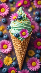 Poster - A scoop of blueberry ice cream with whipped cream and sprinkles on top, surrounded by colorful flowers.