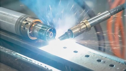 Poster - A medium closeup of the welding nozzle revealing the small detailed components inside that regulate gas flow. Surrounding it faint traces of molten metal highlight the arms recent