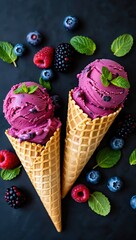 Poster - Two scoops of purple ice cream in waffle cones, surrounded by blueberries, raspberries, mint leaves.