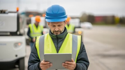 Poster - A medium closeup reveals a construction worker interacting with a tablet to program an autonomous delivery vehicle with safety vests and helmets indicating a collaborative work