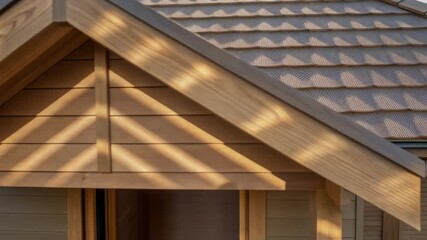 Aufkleber - A medium closeup shot revealing a sustainable roofing system of a 3Dprinted home crafted from layered recycled materials with sunlight streaming through to create a patterned