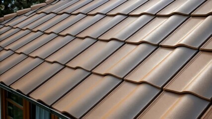 Poster - A medium closeup showcasing a group of innovative roofing tiles arranged in a slanted pattern highlighting their textured finish which promotes water flow while seamlessly