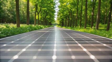 Poster - A medium closeup showing a solarintegrated path surrounded by greenery highlighting the environmental benefits of clean energy production and its integration with nature.