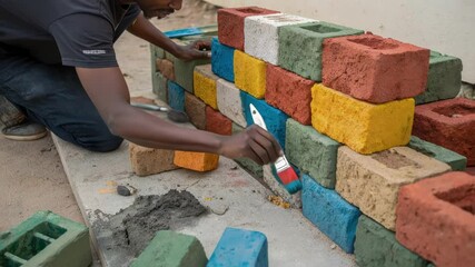 Poster - A medium closeup showing an artist using ecoconcrete bricks made from municipal waste to create a unique sculpture emphasizing the blend of textures and colors.