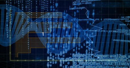Poster - Animated illustration displaying double helix spanning frame, overlaying code and zigzag line graph