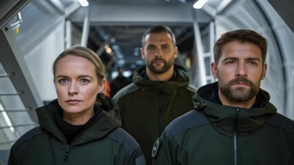 Poster - A medium closeup showing a team conducting final checks on a lightweight structure capturing their focused expressions amidst the backdrop of a rapid deployment scenario.