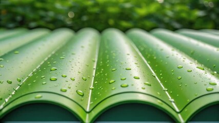 Poster - An artistic angle showing the membrane rolled out on a green roof with droplets of water beading on its surface highlighting its waterproof capabilities.