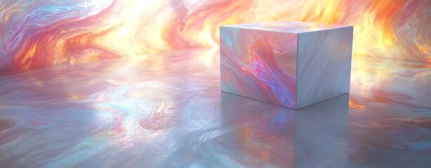 Poster - In a vibrant landscape of colors, a cube is positioned under a glowing orb that dominates the abstract scene