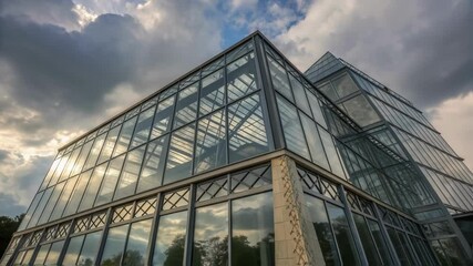 Aufkleber - An intricate glass facade with dynamic shading elements capturing the interplay of light and shadow throughout the day optimizing brightness without sacrificing aesthetics.