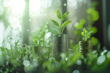 Poster - bunch of plants with coins in the middle. The plants are green and the coins are silver