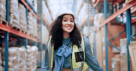 Poster - Warehouse, smile and portrait of woman in logistics inventory checking boxes, shelf and stock management. Distribution, happy and plant worker in cargo storage for global export with supply chain