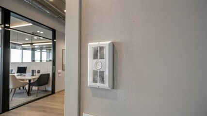 Poster - A sleek wallmounted air vent with an integrated smart sensor that adjusts airflow based on occupancy and user preferences showcasing an elegant minimalist design in a contemporary