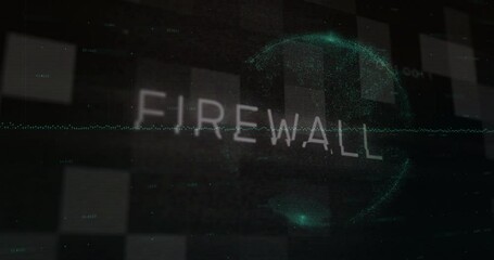 Poster - 3D render glowing FIREWALL text floating over dark grid, streaming teal waveform and data sphere