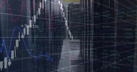 Poster - Semi-transparent financial chart overlay being animated in data center corridor, with server racks