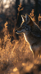 Wall Mural - Wolf standing in a field at golden hour, poised and alert in nature.