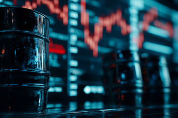 Aufkleber - barrel of oil is sitting on a table next to a computer monitor displaying stock market graphs. Scene is serious and focused, as the viewer is likely to be analyzing the stock market trends