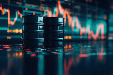 Aufkleber - Two barrels of oil are on a table in front of a computer screen with a graph. The graph shows a downward trend, which could indicate a decrease in oil prices