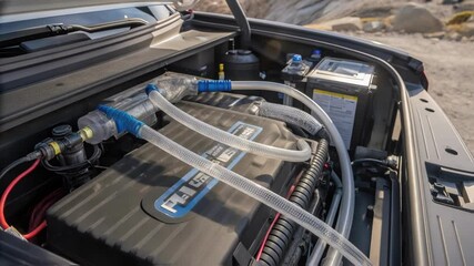 Poster - Closeup of the exterior of a hydrogen fuel cell vehicle compartment with clear cables and piping visible highlighting the complexity of the system in a rugged environment.