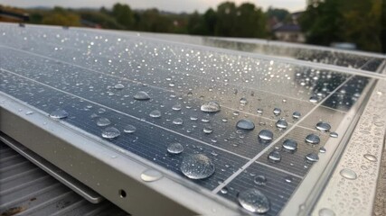 Aufkleber - Closeup of water droplets on a transparent solar panel emphasizing its surface texture and hydrophobic properties enhancing both aesthetics and performance.