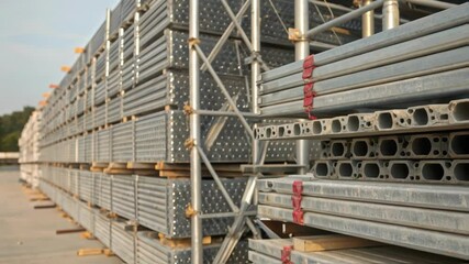 Aufkleber - Closeup view of lightweight scaffolding materials stacked in neat rows emphasizing the engineering design and durability of the components.