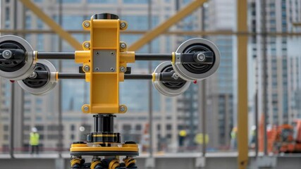 Aufkleber - Detailed shot of a robotic manipulator equipped with suction cups demonstrating its capability to lift and position glass panels in highrise assemblies.