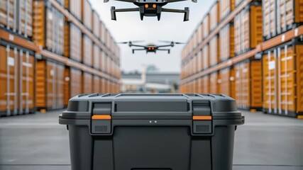 Aufkleber - Medium closeup depicting a smart storage container in a logistics hub surrounded by drones and automated vehicles emphasizing the role of IoT in modern supply chain management and