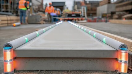 Aufkleber - Medium closeup of a piece of smart concrete being poured at a construction site with translucent tubes running along its edges hinting at its smart functions.