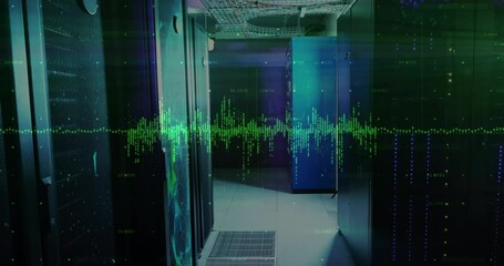 Poster - 3D render showing server racks framing aisle with digital waveform overlay and numeric data points