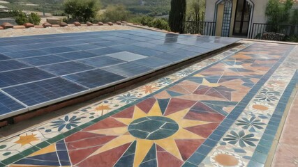 Poster - Vibrant tiled surface with a geometric pattern designed to channel sunlight while reducing the thermal load showcasing a striking blend of art and functionality.