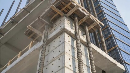 Aufkleber - A closeup detailing the structural core of the skyscraper showcasing reinforced concrete elements designed to anchor the building against lateral wind forces.