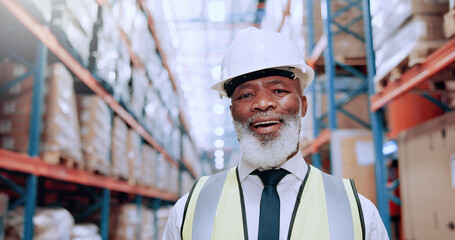 Poster - Warehouse, smile and portrait of black man in shipping inventory for boxes, shelf or stock management. Distribution, plant or mature worker in cargo storage for global export in supply chain business