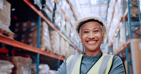 Poster - Warehouse, smile and portrait of woman in shipping inventory with boxes, shelf or stock management. Distribution, plant or mature worker in cargo storage for global export in supply chain business