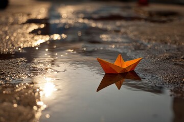 Poster - Delicate Paper Boat Floating Serenely in a Puddle Reflecting Golden Sunlight During a Peaceful Afternoon Generative AI