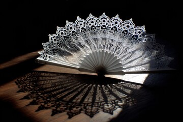 Fototapete - Intricate Shadow of a White Paper Fan Cast on a Wooden Surface in Delicate Light Generative AI